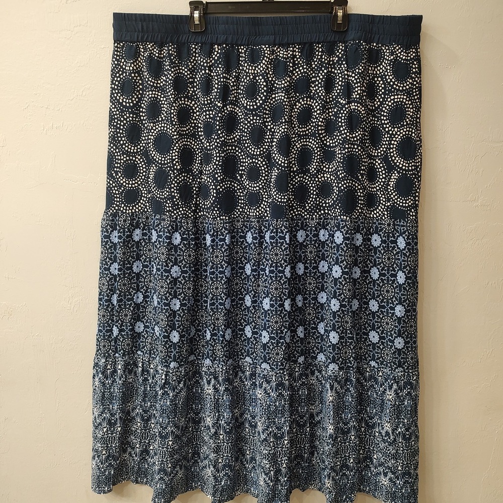 Ulla Popken Skirt Women Sz 22/24 Blue Prarie Maxi Elastic Waist Long Cottage